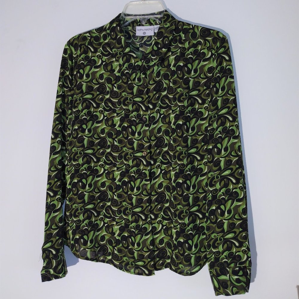 Kathy Ireland Button Down Shirt Large Green-Brown-Black Funky Print!